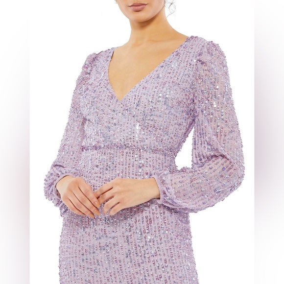 SEQUINED ILLUSION PUFF SLEEVE V NECK MIDI DRESS - Picture 2 of 6